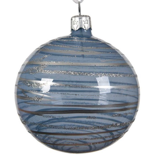 Χριστουγεννιάτικη Γυάλινη Μπάλα Μπλε, με Ασημί Ρίγες (8cm)